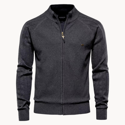 Men’s Jacket – Slim Fit – Knitted Wool Blend – Zip-Up – Ribbed Trim – Herringbone Pattern