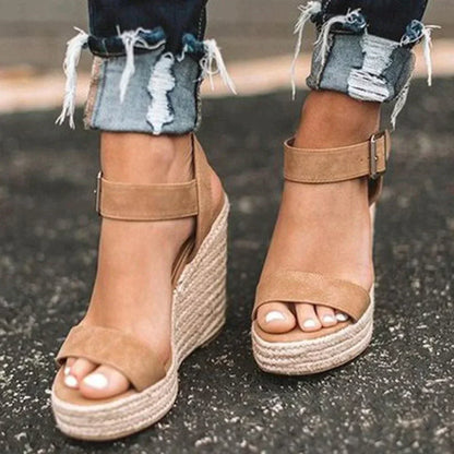 Women's Wedge Sandals - Open Toe - Ankle Strap with Buckle - Espadrille Heel