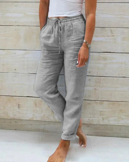 Women's Casual Pants - 100% Linen - Relaxed Fit - Elastic Waist with Drawstring - Lightweight