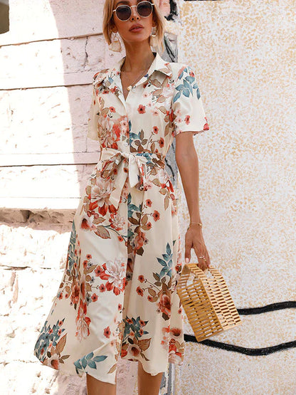 Women's Midi Shirt Dress - Floral Print - Button-Down - Short Sleeve - Tie Waist