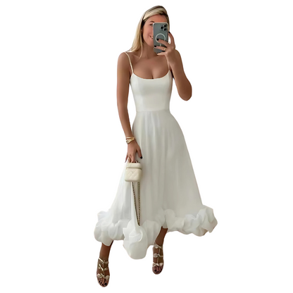Women's Evening Dress - Spaghetti Straps - A-Line Silhouette - Ruffled Hem - Elegant Fit