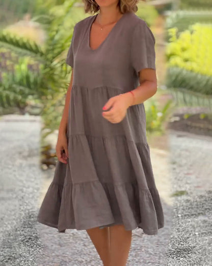 Women's Midi Dress - V-Neck - Short Sleeve - Loose Fit Tiered Design