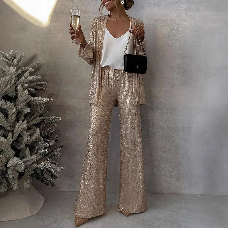 Women’s Two-Piece Set – Sequin Jacket – High-Waisted Wide-Leg Trousers – Evening Wear