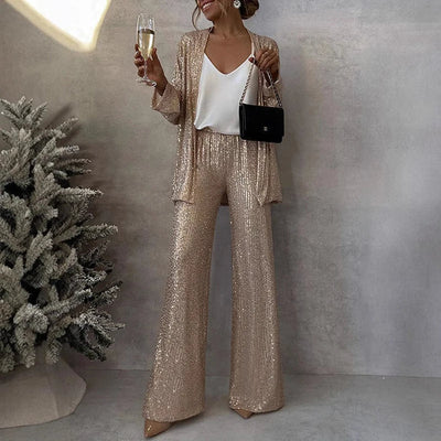 Women’s Two-Piece Set – Sequin Jacket – High-Waisted Wide-Leg Trousers – Evening Wear