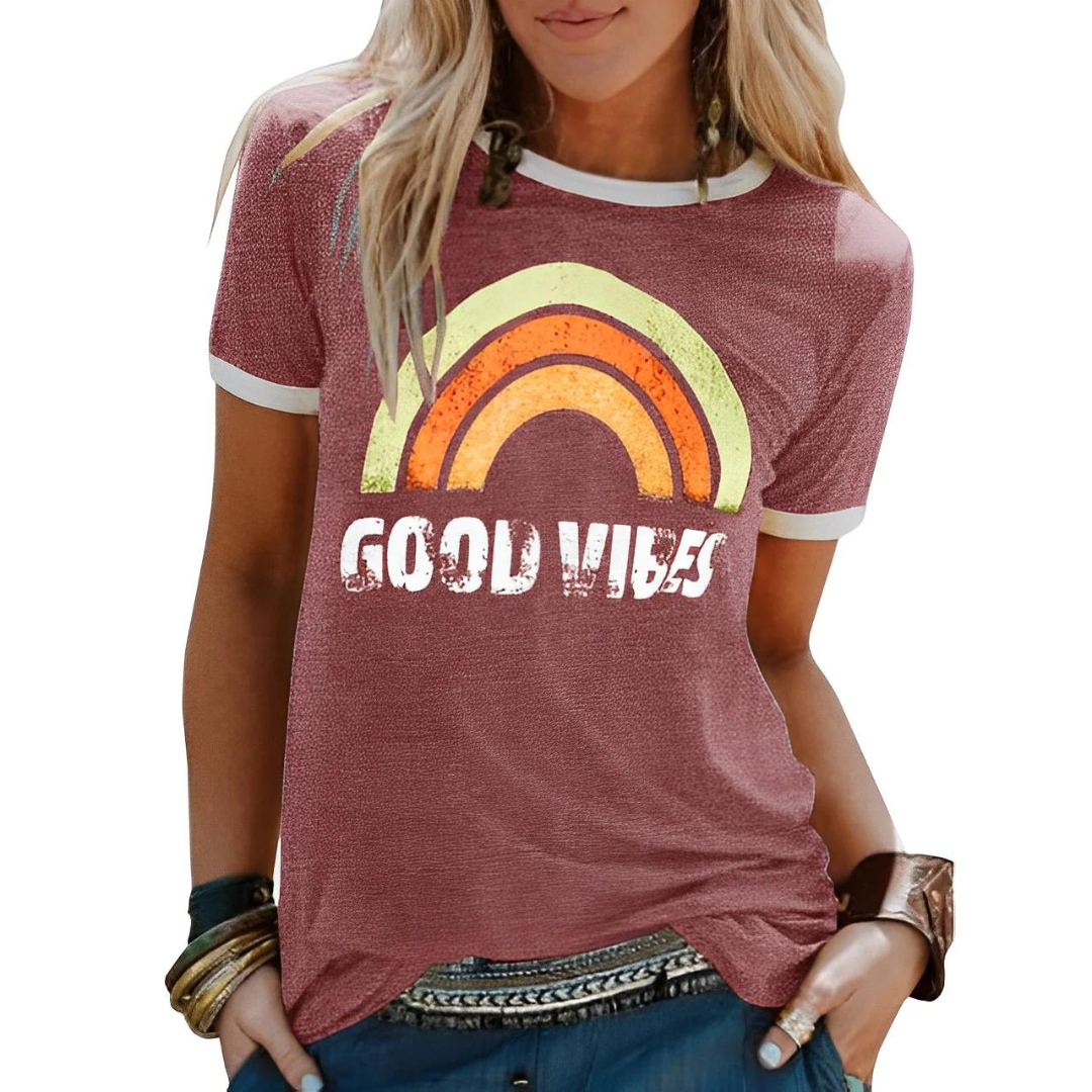 Women’s T-shirt – Relaxed Fit – Soft Knit – Ribbed Trim – Graphic Front Casual Wear