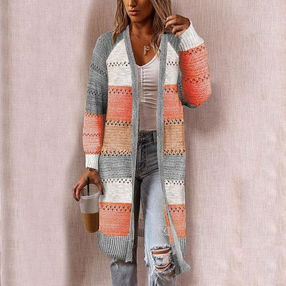 Women’s Knitted Cardigan – Relaxed Fit – Long Open Front – Textured Stripe Detail