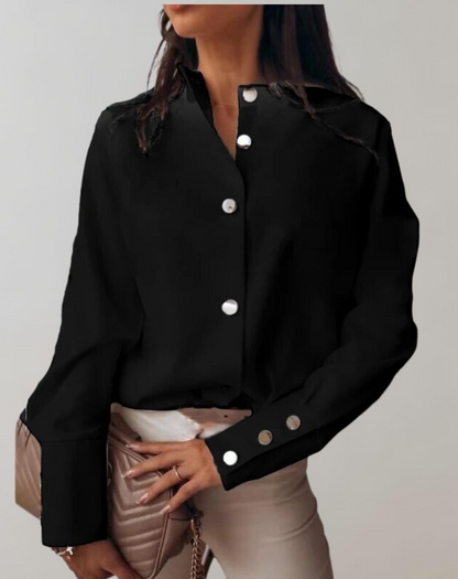 Women’s Blouse – Relaxed Fit – Stand Collar – Metallic Buttons – Breathable Blend – Full Sleeve