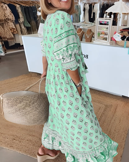 Women’s Maxi Dress – Boho Floral Print – V-Neck – Relaxed Fit – Natural Fibers