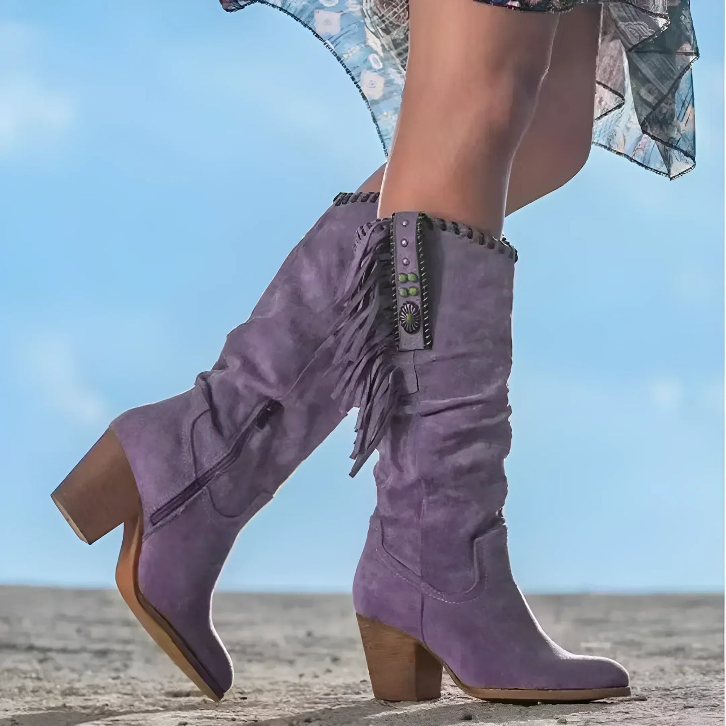 Women’s Mid-Calf Boots – Suede – Fringe Detail – Block Heel – Western Boho Style