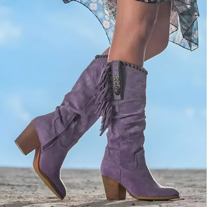 Women’s Mid-Calf Boots – Suede – Fringe Detail – Block Heel – Western Boho Style