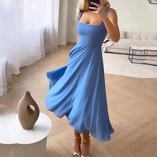 Women's Midi Dress - Sleeveless A-Line - Square Neck Elegant Flowy Fit