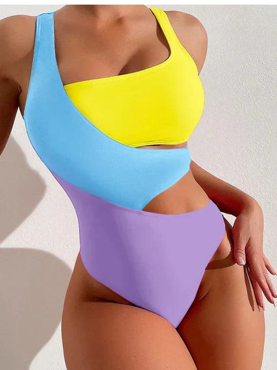 Women's High-Waisted Color-Block One-Piece Swimsuit