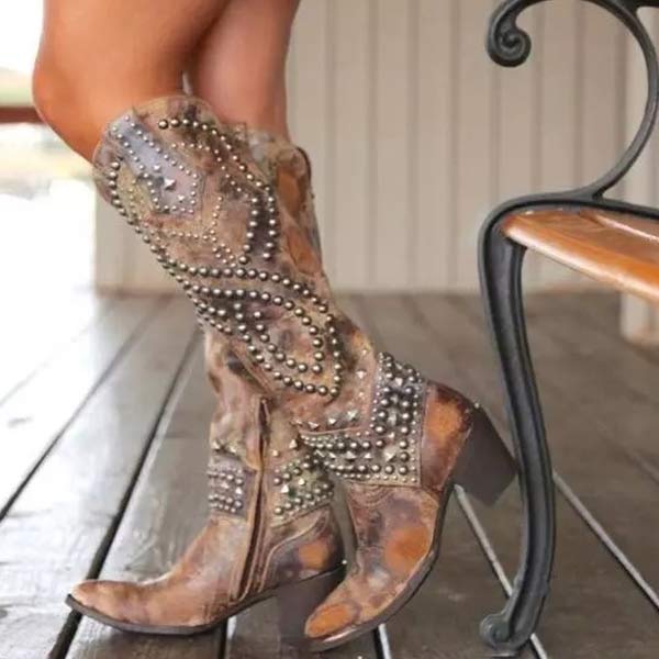 Women’s Knee-High Boots – Distressed Leather – Rivet Detail – Thick Heel – Side Zipper