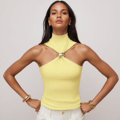 Women’s Tank Top – Slim Fit Halter – Mock Neck Soft Knit with Metal Ring Detail
