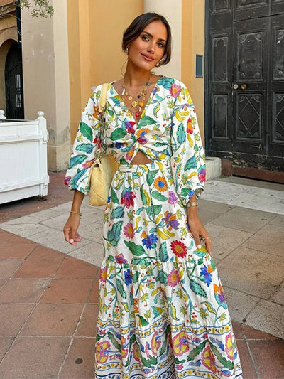 Women's Maxi Dress - Bohemian Style - V-Neck Wrap - Long Sleeve Tiered Skirt