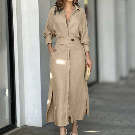 Women's Maxi Shirt Dress - Linen Blend - Button Down - Belted Waist - Long Sleeve