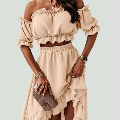 Women's Off-Shoulder Two-Piece Set - Crop Top & High-Low Ruffle Maxi Skirt - Elegant Fit