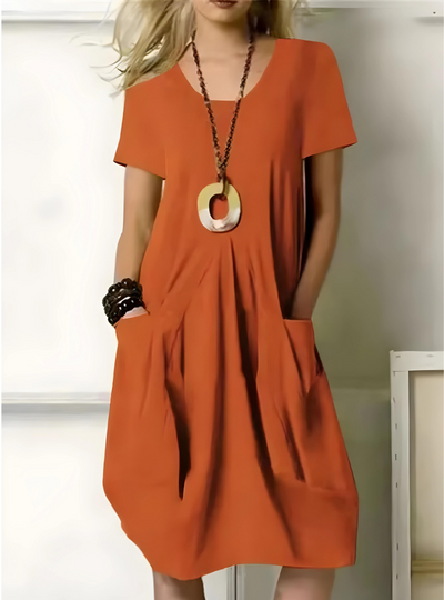 Women's Casual Dress - Loose A-Line Fit - V-Neck Short Sleeve - With Pockets