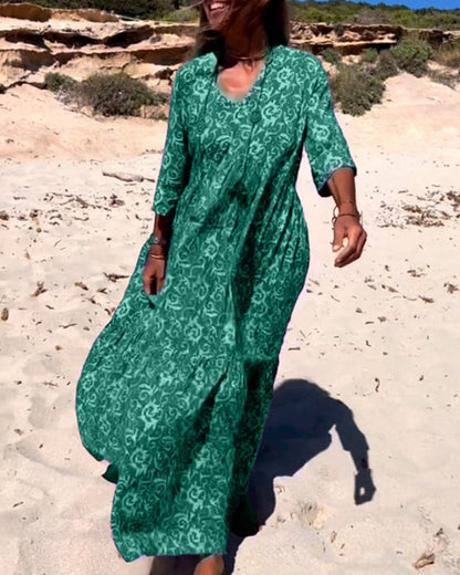 Women’s Maxi Dress – Loose Fit – V-Neck – Boho Print – Breathable Blend – Elbow Sleeve