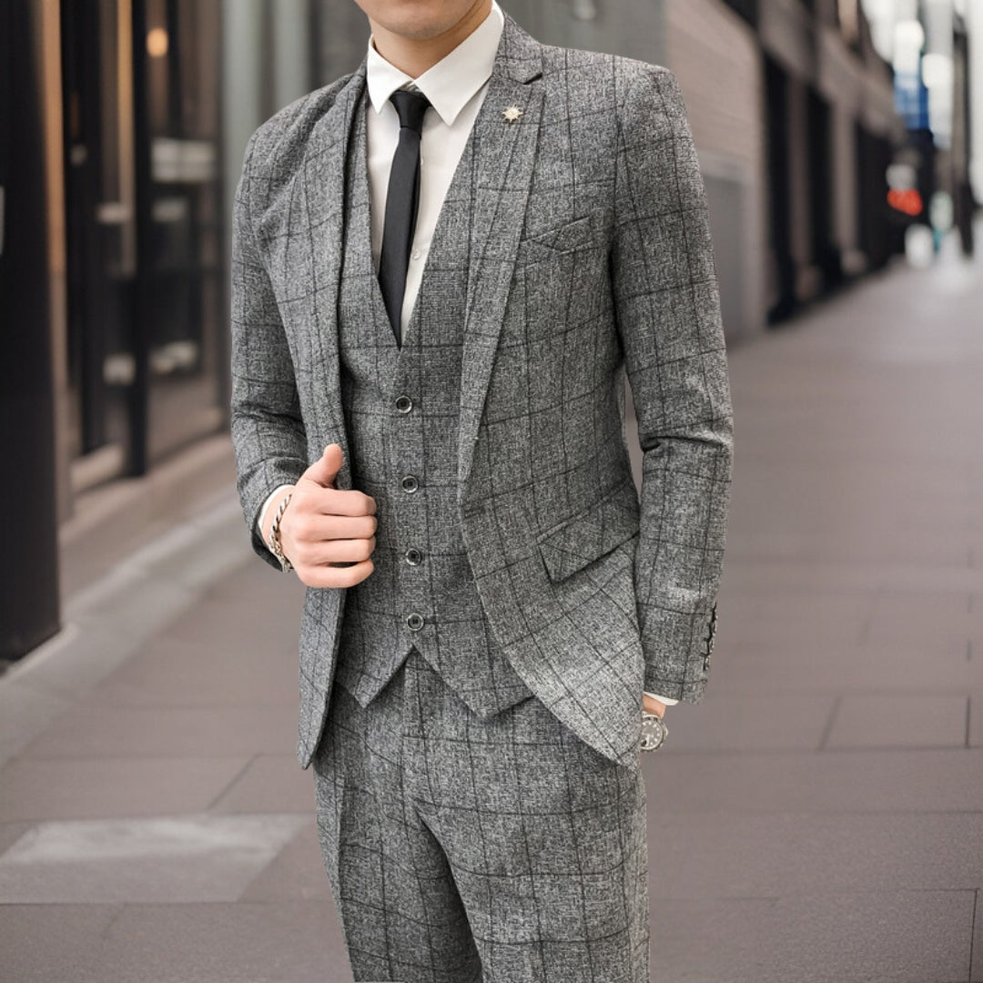 Men’s 3-Piece Suit – Slim Fit – Grid Pattern – Wool Blend – Formal Tailored Wear