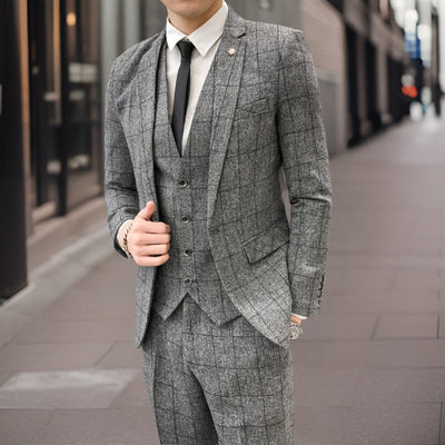 Men’s 3-Piece Suit – Slim Fit – Grid Pattern – Wool Blend – Formal Tailored Wear