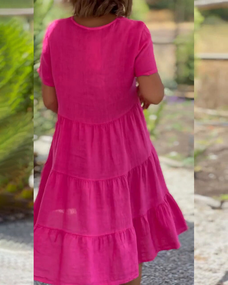 Women's Midi Dress - V-Neck - Short Sleeve - Loose Fit Tiered Design