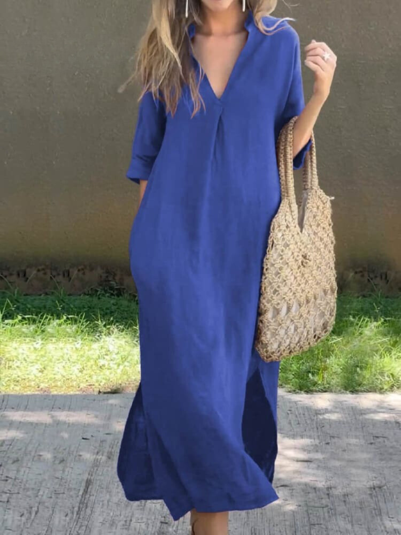 Women’s Maxi Dress – Relaxed Fit – V-Neck – Breathable Blend – Three-Quarter Sleeve