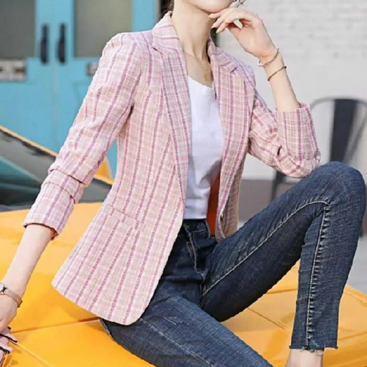 Women’s Blazer – Tailored Fit – Textured Woven – Checkered Pattern – Single Button