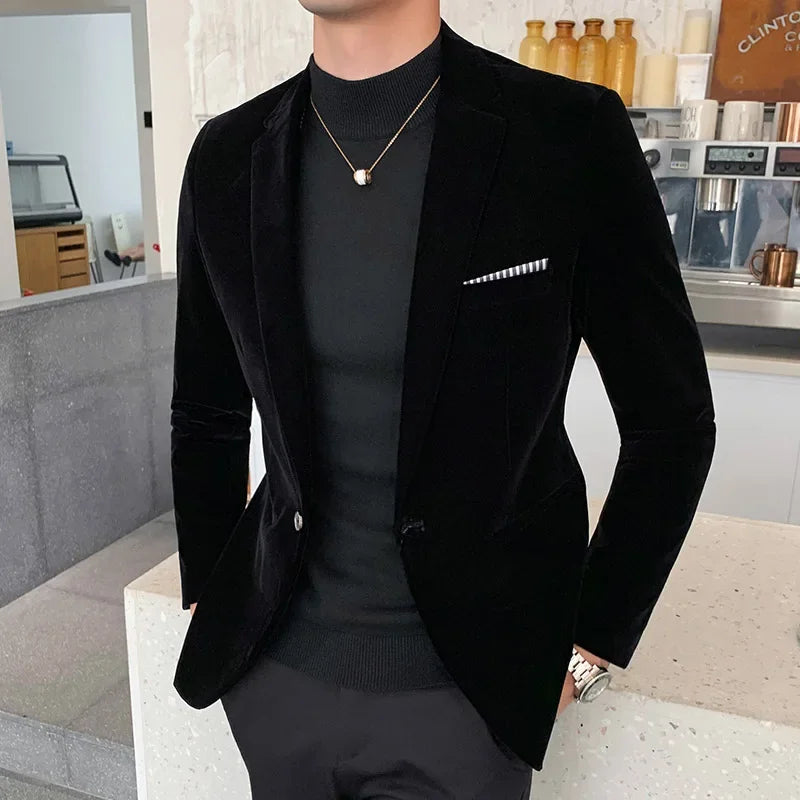 Men’s Blazer – Slim Fit Velvet – Single Button – Notch Lapel Formal Wear