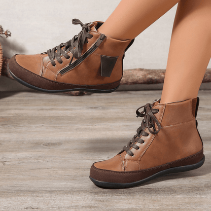 Women's Leather Ankle Boots with Side Zipper and Round Toe