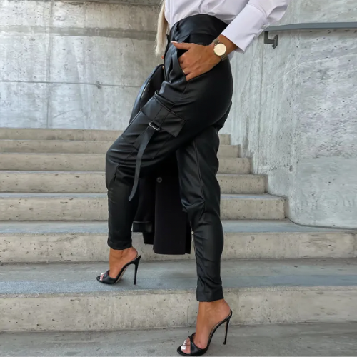 Women's stylish PU leather cargo pants