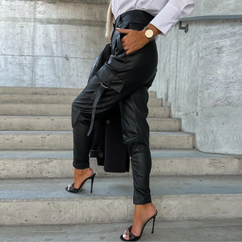 Women's High-Waisted Trousers - Faux Leather - Tapered Leg - Zippered Ankle Detail