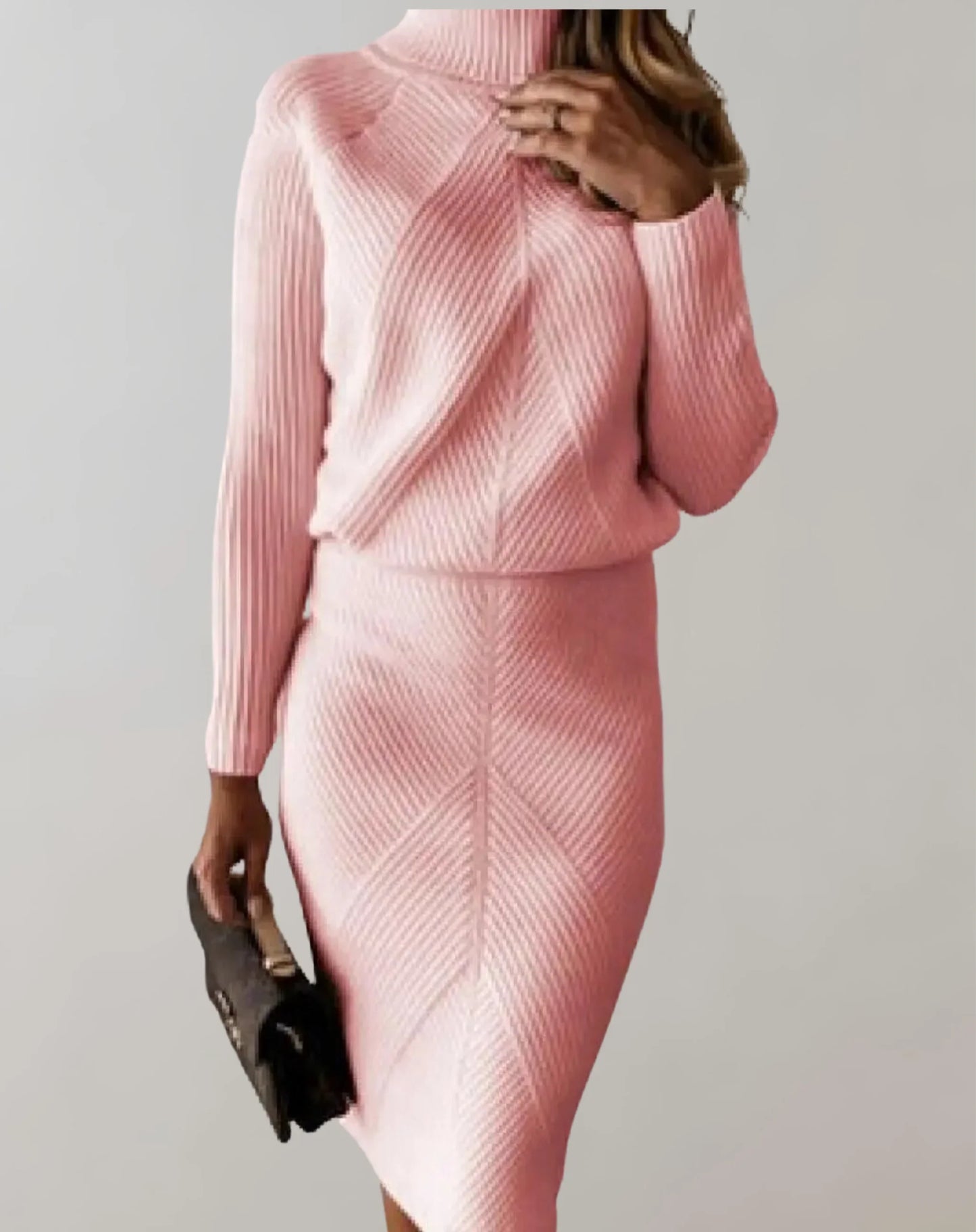 Women’s Two-Piece Set – Slim Fit Ribbed Knit – Turtleneck Sweater & Midi Skirt