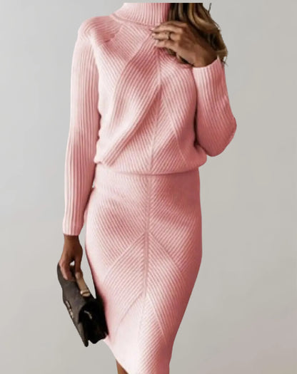 Women’s Two-Piece Set – Slim Fit Ribbed Knit – Turtleneck Sweater & Midi Skirt