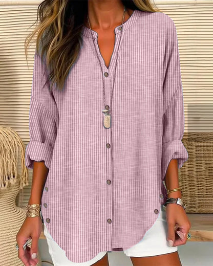Women’s Blouse – Relaxed Fit – Striped Pattern – V-Neck Button Front – Breathable Blend