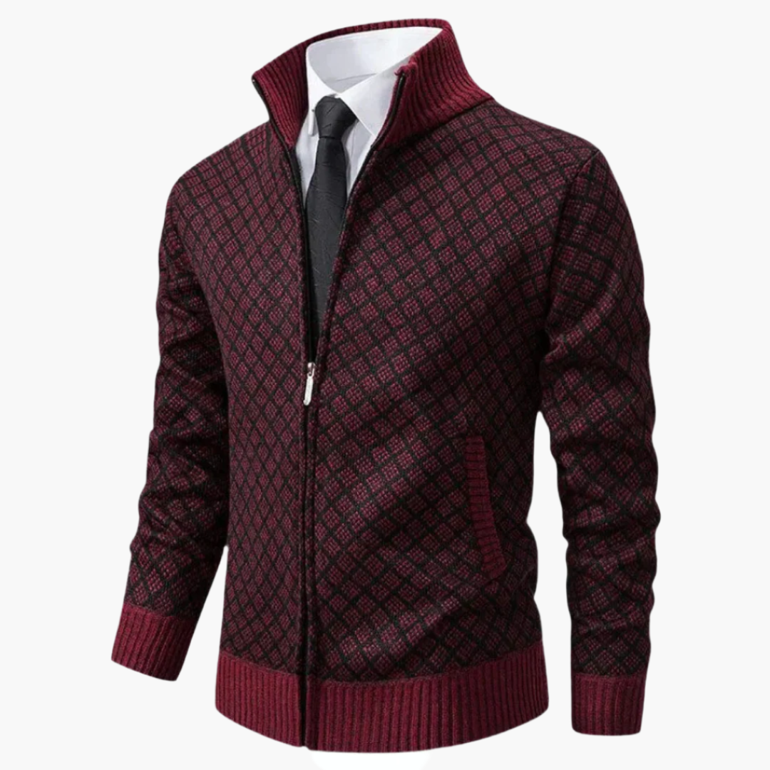 Men’s Knit Jacket – Slim Fit – Diamond Pattern – Zip Front – Ribbed Cuffs – Stand Collar