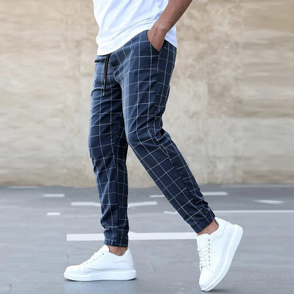 Men’s Slim Fit Jogger Pants - Grid Pattern - Elastic Waistband - Adjustable Drawstring