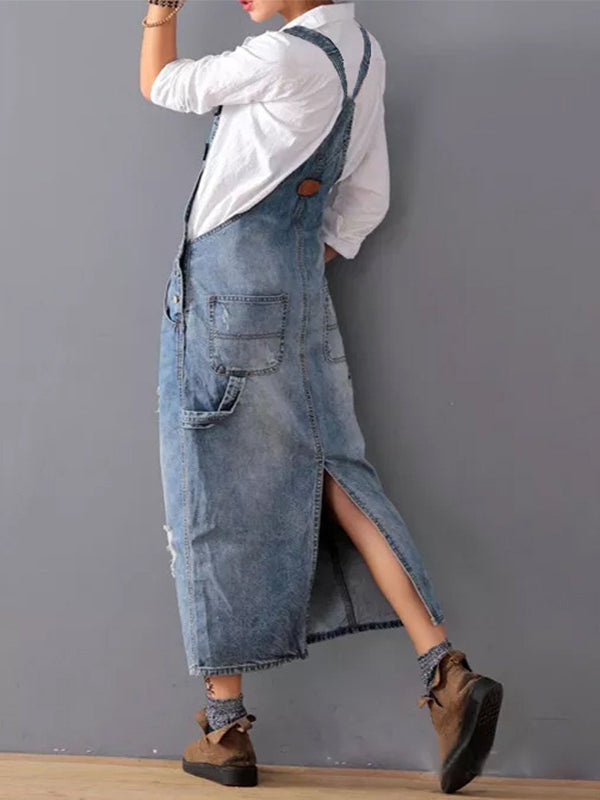 Women’s Denim Midi Dress – Relaxed Fit – Adjustable Straps – Distressed Finish