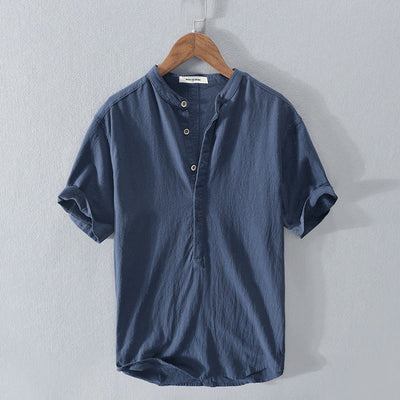 Men’s Short Sleeve Shirt – Relaxed Fit – Mandarin Collar – Natural Fibers – Casual Style