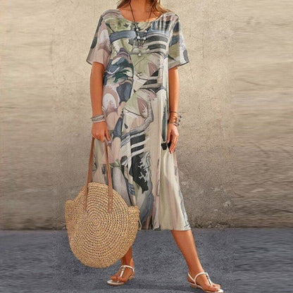 Women’s Midi Dress – Relaxed Fit – Short Sleeve – Breathable Blend – Abstract Print