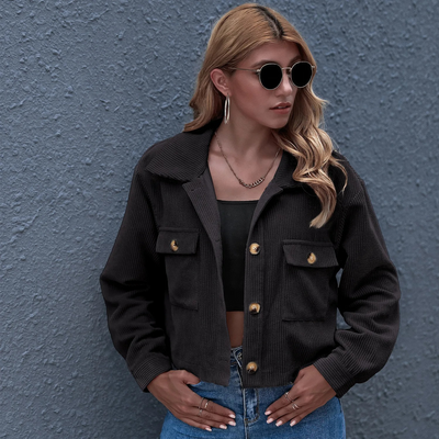 Women's Corduroy Jacket - Cropped Relaxed Fit - Button-Up Shirt Collar - Long Sleeve