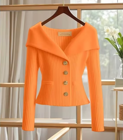 Women’s Cardigan – Fitted Silhouette – Soft Knit – Ribbed Texture – Wide Collar