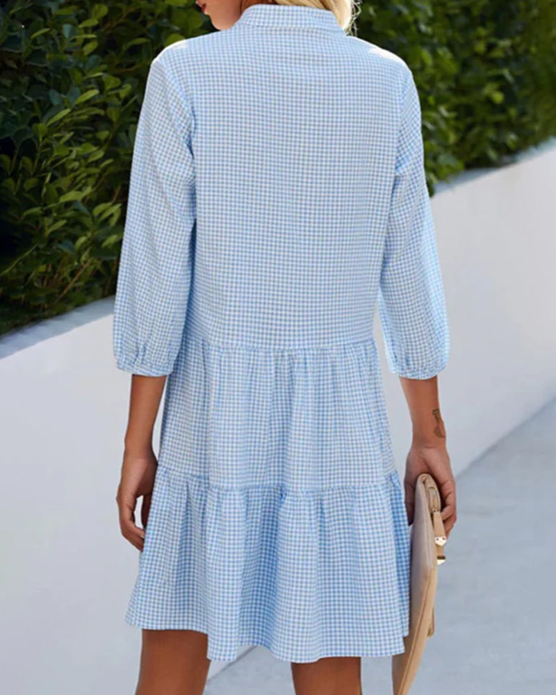 Women’s A-Line Dress – Checked Pattern – Tiered Hem – 3/4 Sleeve – Natural Fibers