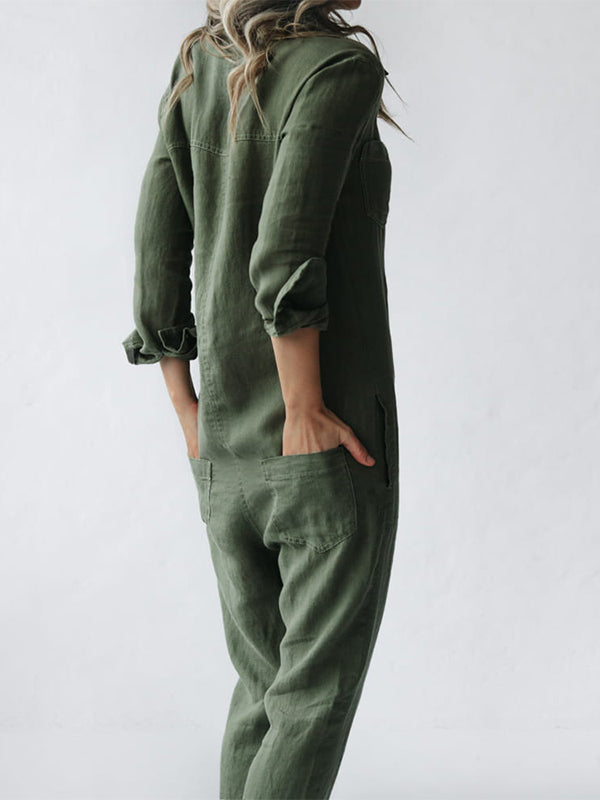 Women's Jumpsuit - Button Down - Long Sleeve Roll Tab - Relaxed Fit - Straight Leg