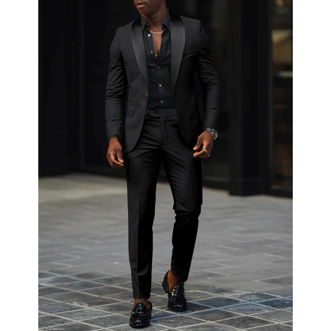 Men’s Slim Fit Suit – Wool Blend – Satin Shawl Lapel – Formal Two-Piece Set
