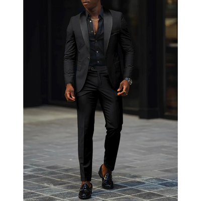 Men’s Slim Fit Suit – Wool Blend – Satin Shawl Lapel – Formal Two-Piece Set