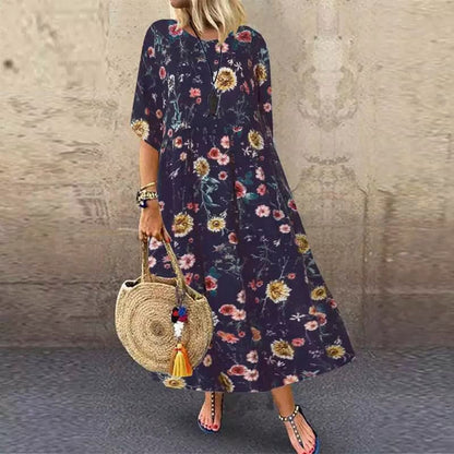 Women’s Long Dress – Floral Pattern – Relaxed Fit – Breathable Blend – V-Neck Short Sleeve