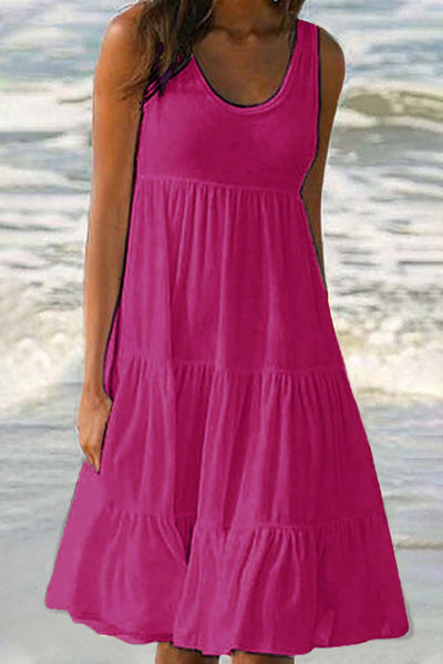 Stylish Sweet Solid Patchwork Tiered Cake Skirt Dresses with Round Neck
