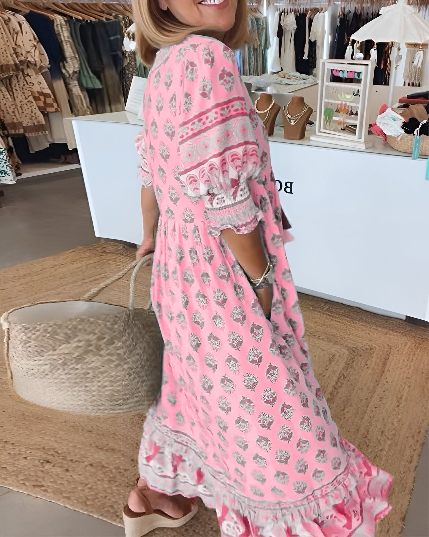 Women’s Maxi Dress – Boho Floral Print – V-Neck – Relaxed Fit – Natural Fibers