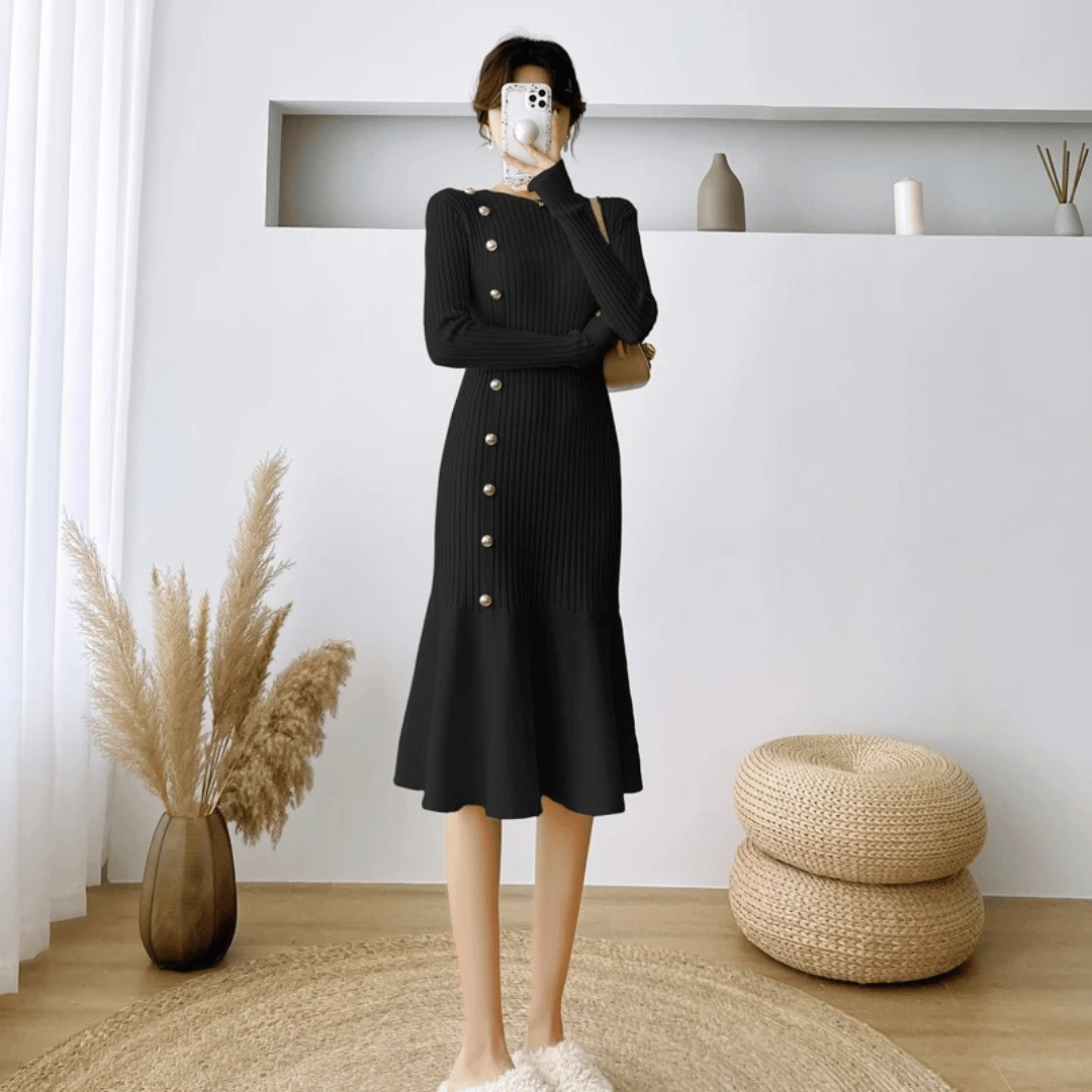 Women's Knit Midi Dress - Ribbed Texture - Long Sleeve - Button Detail - Mermaid Hem